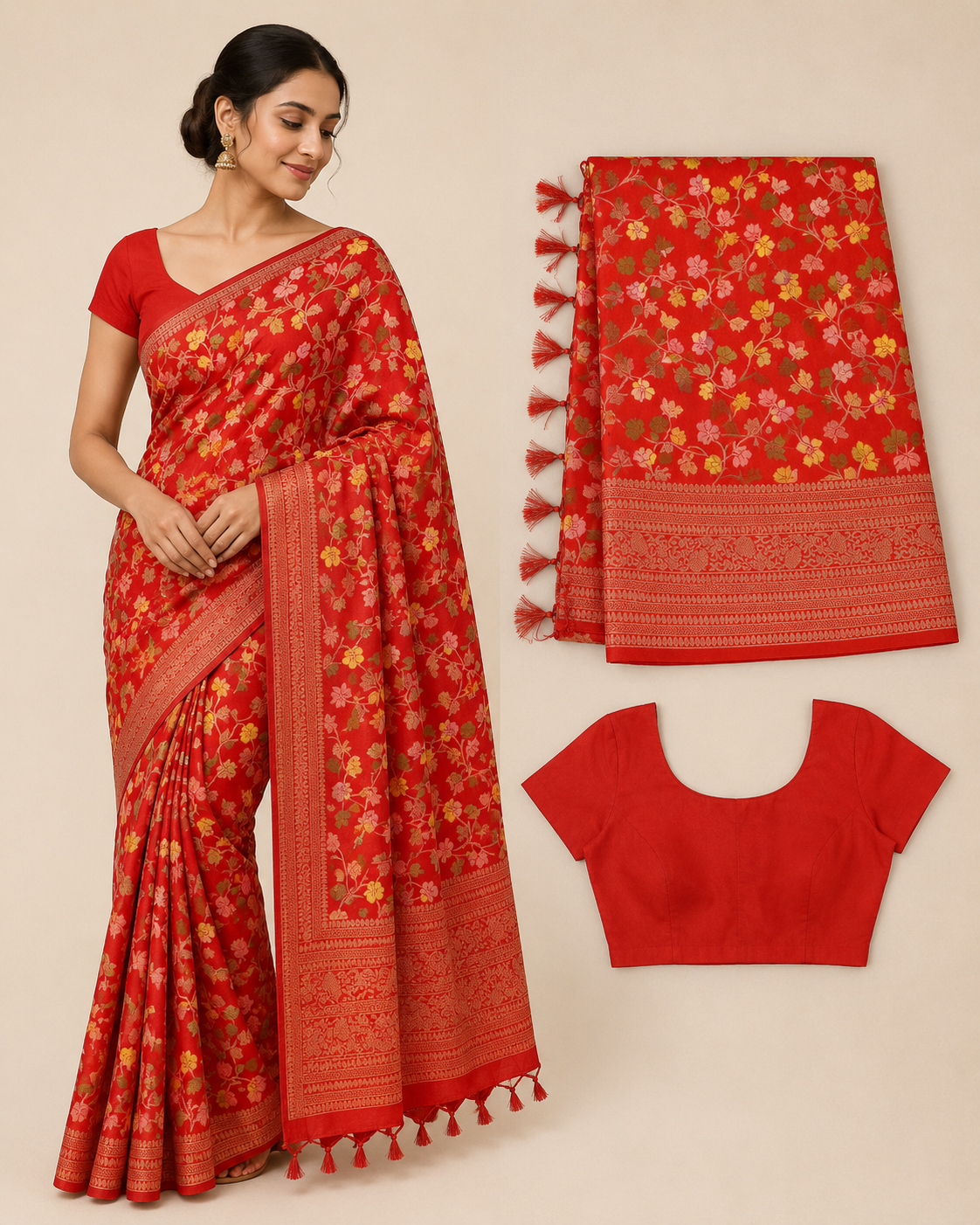 Premium Mysore Banaras Georgette Saree - Radiant Red Floral Zari with Designer Blouse