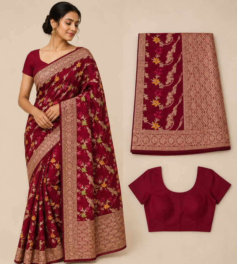 Premium Mysore Banaras Georgette Saree - Wine Red Rich Zari Weaving with Designer Blouse