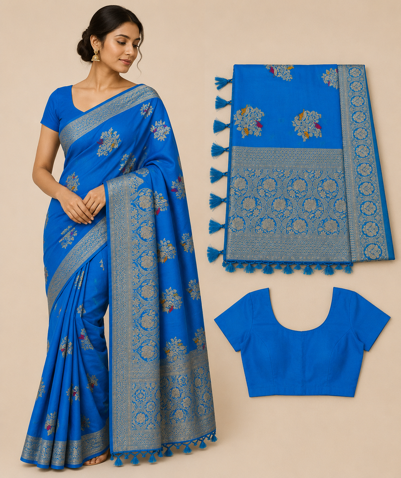 Premium Mysore Banaras Georgette Saree - Royal Blue Silver Zari with Designer Blouse