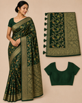 Premium Mysore Banaras Crepe - Emerald Green with Rich Floral Zari & Matching Blouse Piece