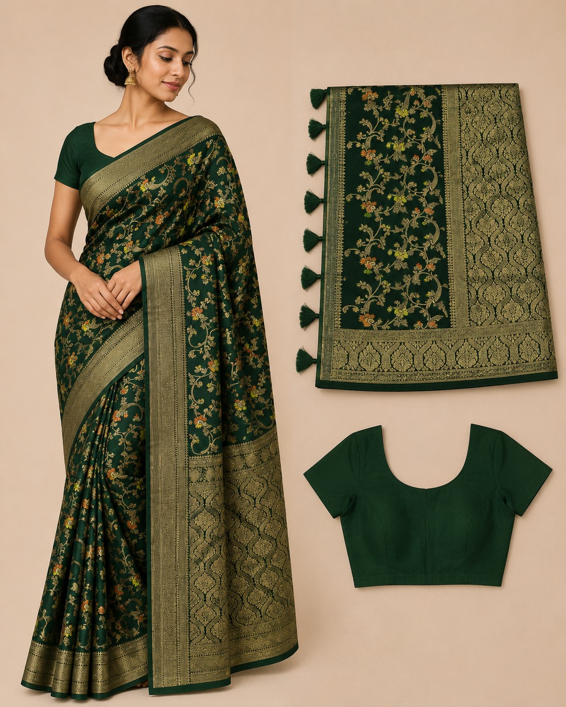 Premium Mysore Banaras Crepe - Emerald Green with Rich Floral Zari & Matching Blouse Piece