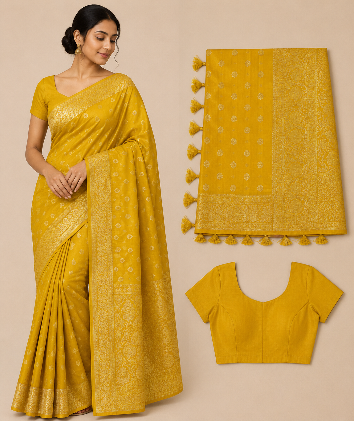 Premium Mysore Banaras Georgette Saree - Mustard Yellow  Rich Zari Weaving with Designer Blouse