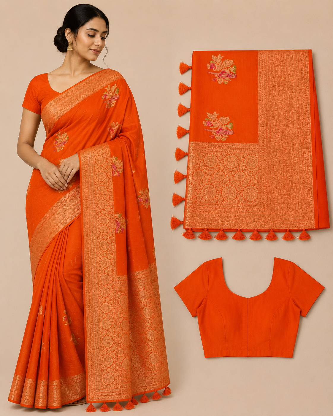 Premium Mysore Banaras Georgette Saree - Vibrant Orange with Rich Zari Weaving and Designer Blouse