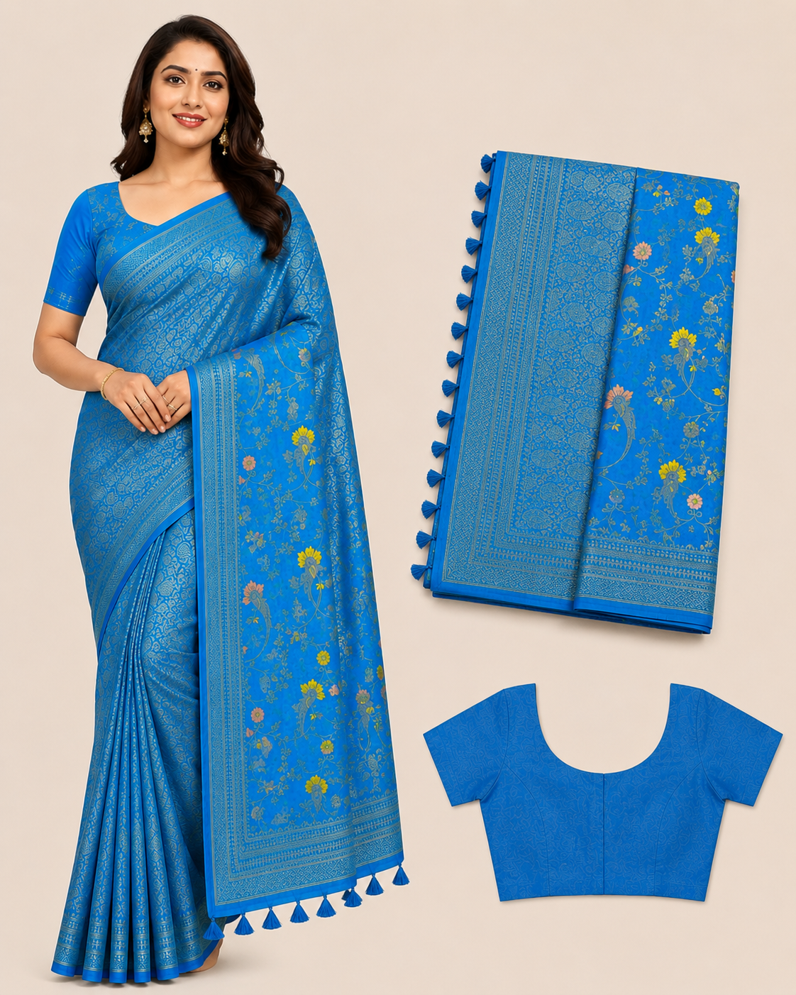 Premium Mysore Banaras Crepe - Royal Blue Designer saree with Matching Blouse piece