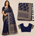 Premium Mysore Banaras Crepe - Navy Blue Saree with Multicolor Floral Zari Weaving & Matching Blouse