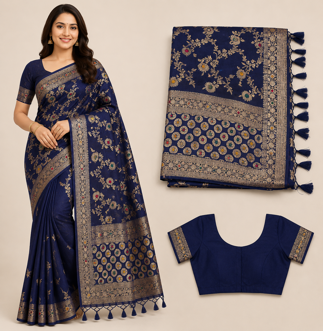 Premium Mysore Banaras Crepe - Navy Blue Saree with Multicolor Floral Zari Weaving & Matching Blouse