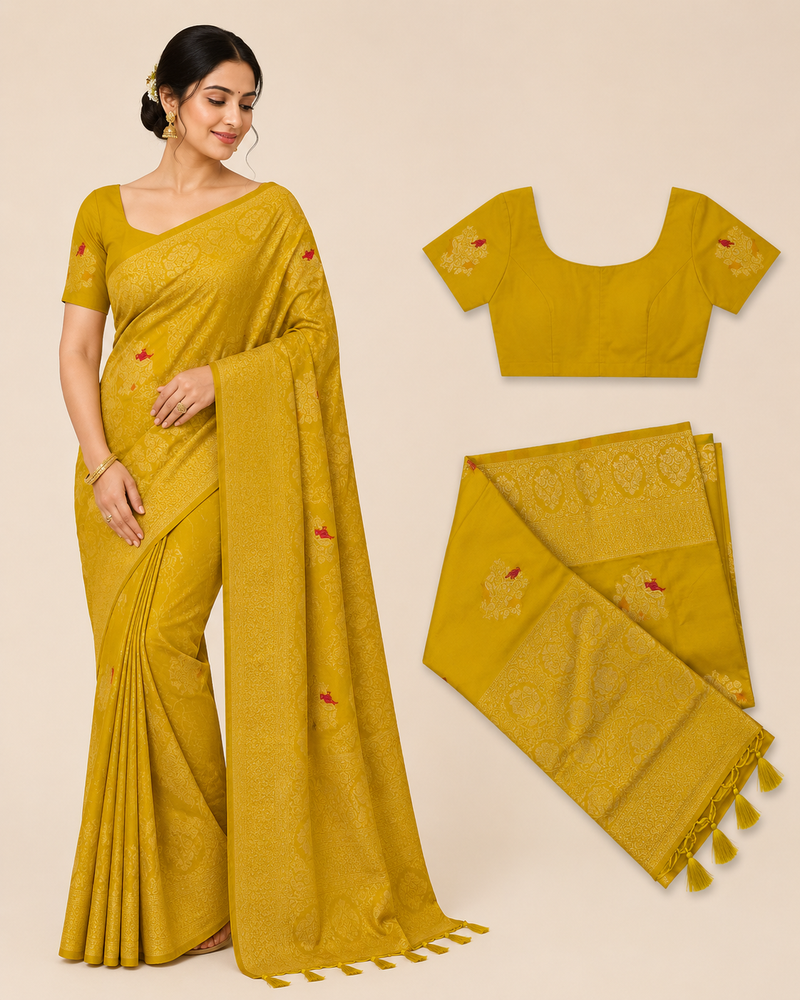 Premium Mysore Banaras Georgette Saree - Mustard Yellow with Rich Zari Weaving and with Designer Blouse