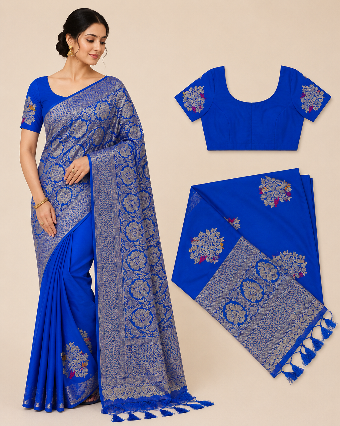 Premium Mysore Banaras Georgette Saree - Royal Blue Saree with Rich Silver Zari Weaving & Designer Blouse