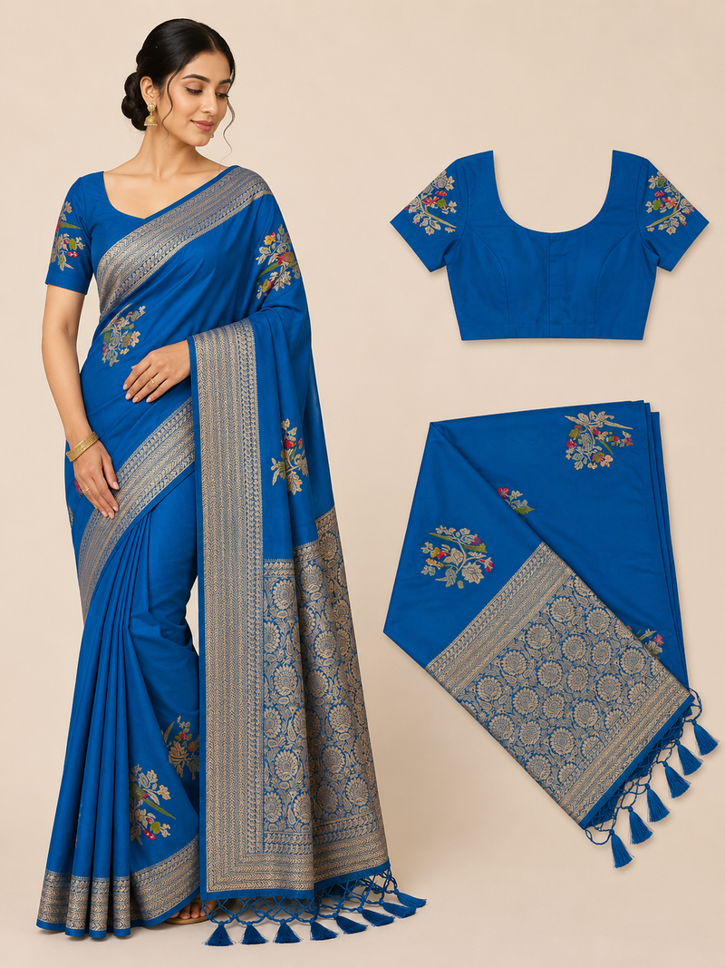 Premium Mysore Banaras Georgette Saree - Luxury Sapphire Blue Saree with Designer Blouse
