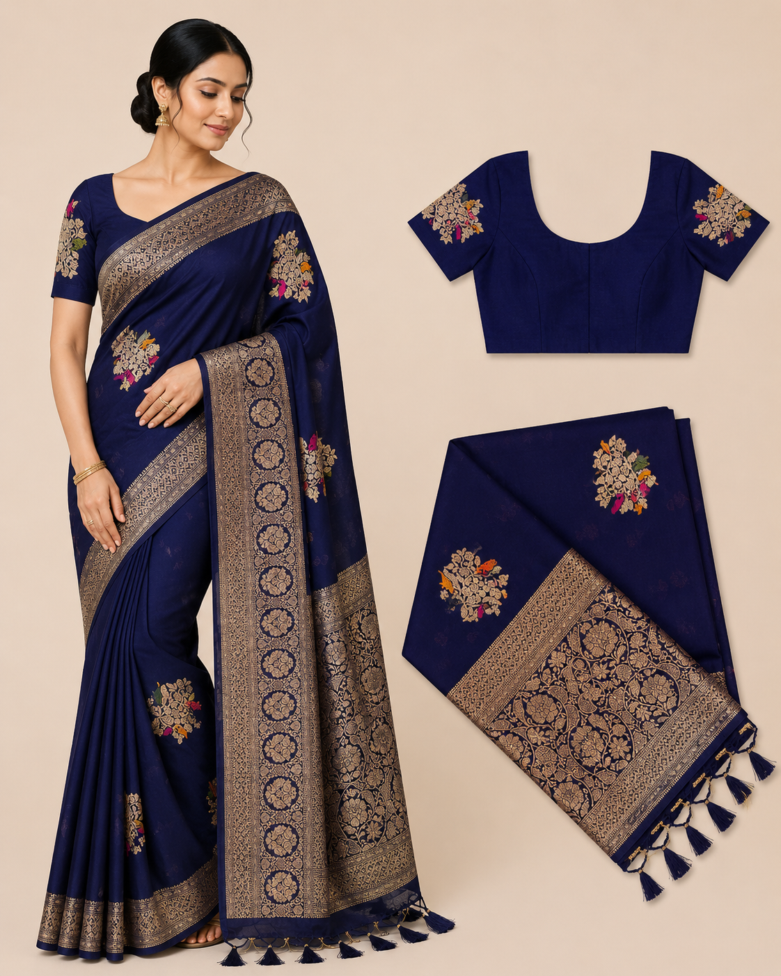 Premium Mysore Banaras Georgette  Saree - Navy Blue Saree with Rich Zari Weaving and Designer Blouse