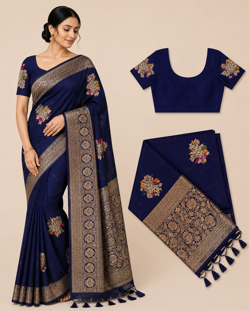 Premium Mysore Banaras Georgette  Saree - Navy Blue Saree with Rich Zari Weaving and Designer Blouse