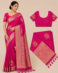 Premium Mysore Banaras Georgette Saree - Rani Pink Saree with Rich Zari Weaving & Floral Buttas and with Designer Blouse