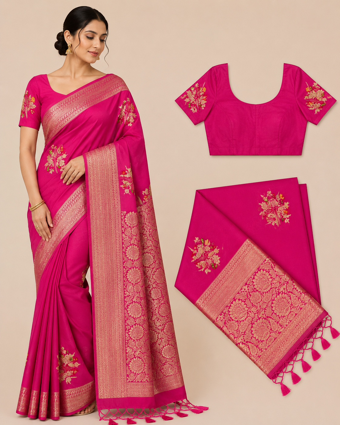 Premium Mysore Banaras Georgette Saree - Rani Pink Saree with Rich Zari Weaving & Floral Buttas and with Designer Blouse