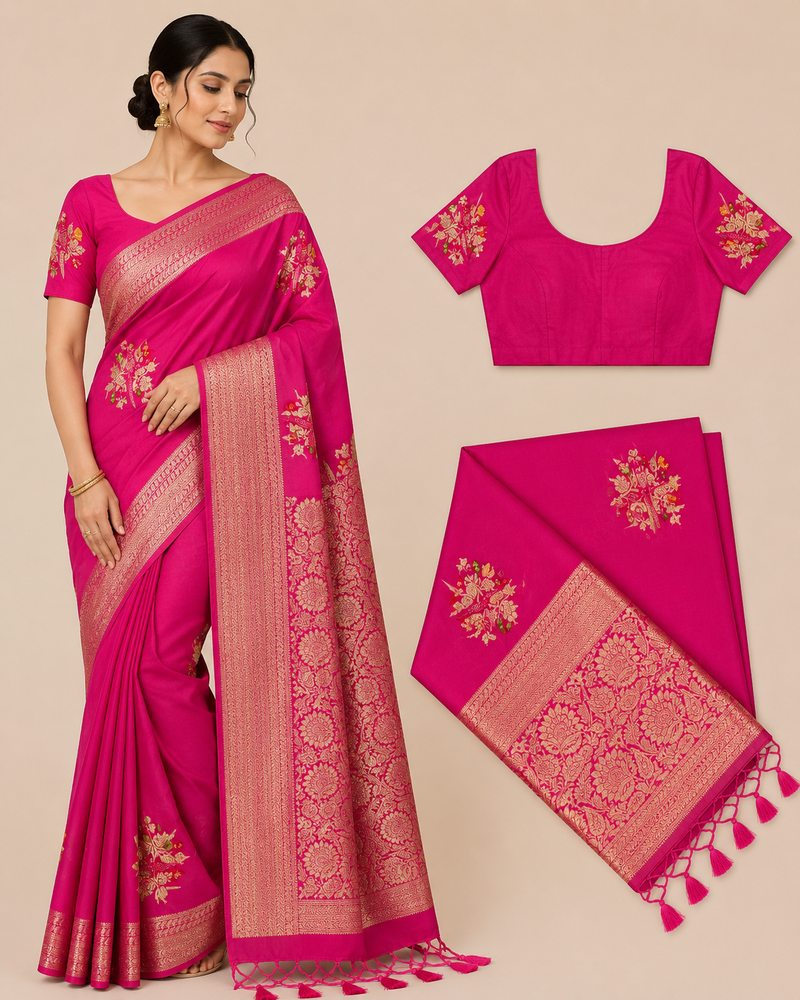 Premium Mysore Banaras Georgette Saree - Rani Pink Saree with Rich Zari Weaving & Floral Buttas and with Designer Blouse