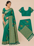 Premium Mysore Banaras Georgette Saree - Emerald Green Saree with Rich Zari Weaving & Floral Vines and Designer Blouse