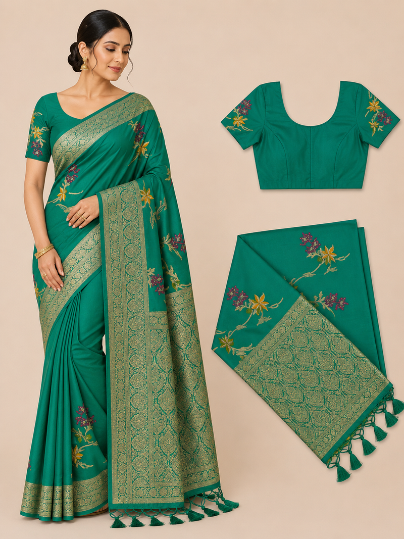 Premium Mysore Banaras Georgette Saree - Emerald Green Saree with Rich Zari Weaving & Floral Vines and Designer Blouse