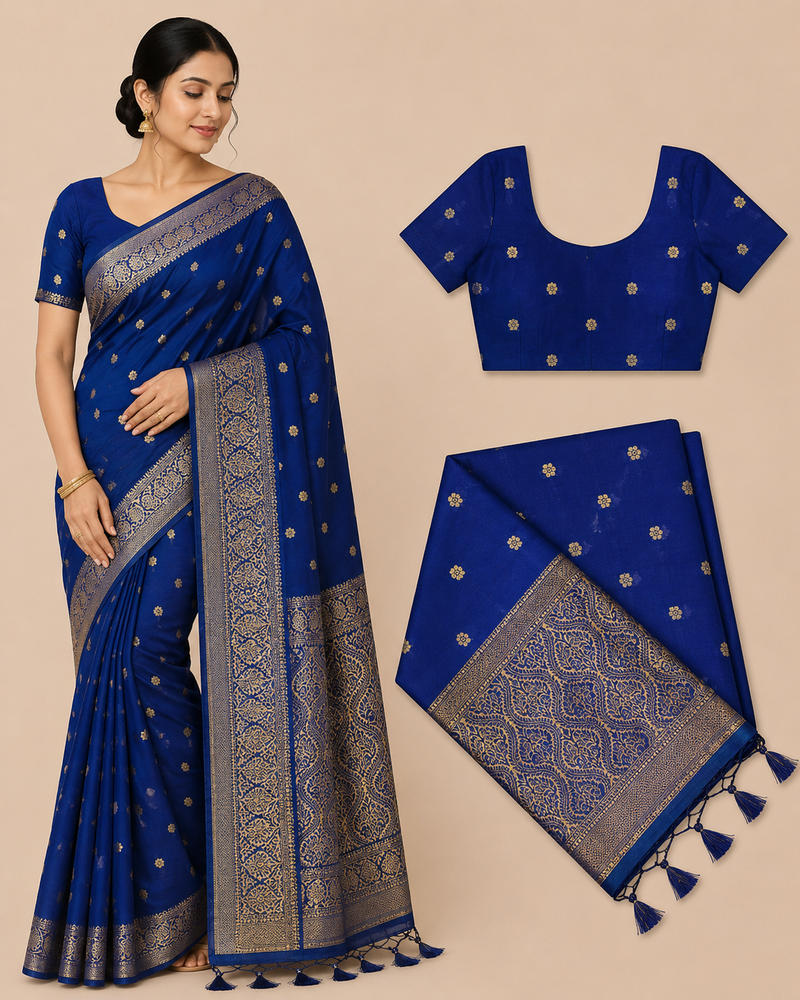 Premium Mysore Banaras Georgette Saree - Premium Royal Blue Saree with Gold Buttas & Rich Zari Pallu and Designer Blouse