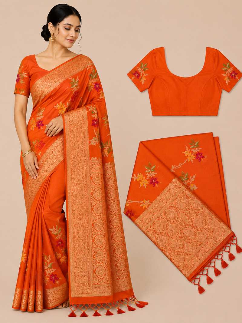 Premium Mysore Banaras Georgette Saree - Tangerine Orange Saree with Rich Banarasi Weaving and Designer Blouse