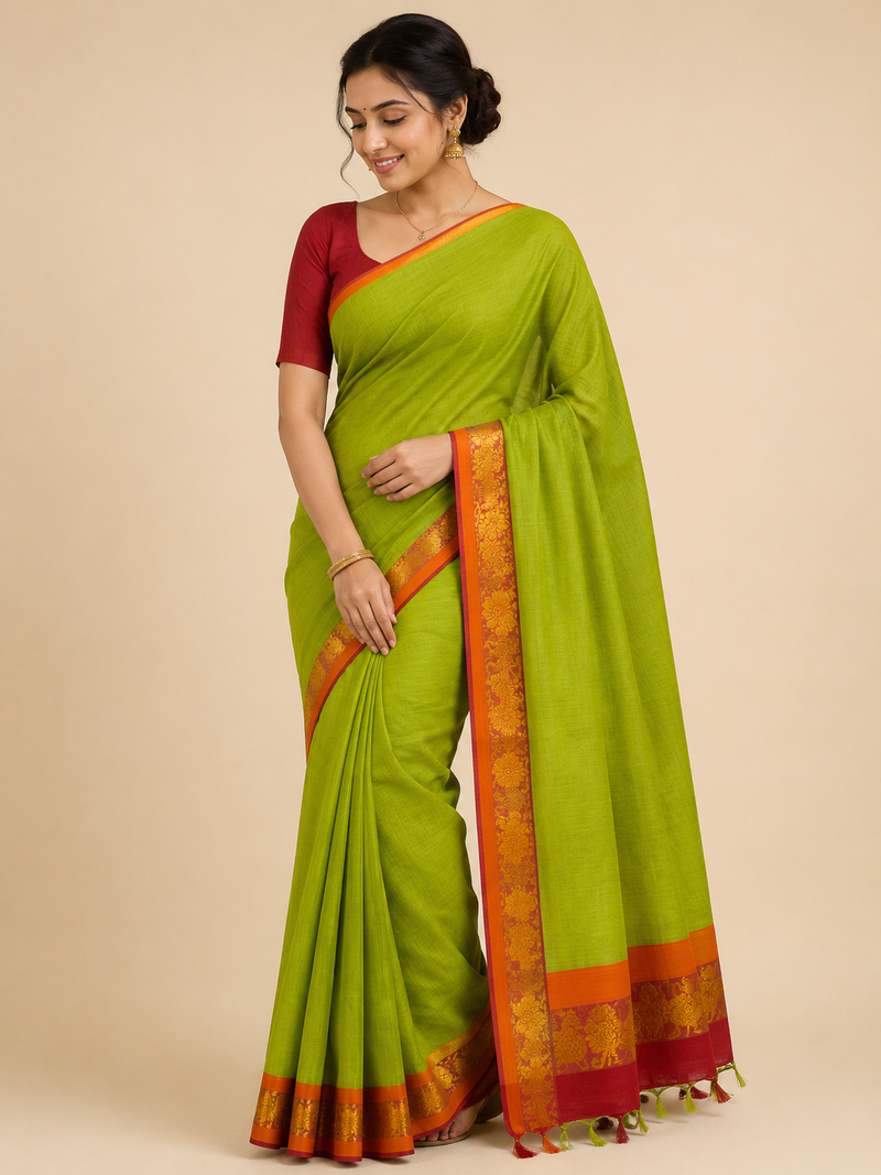 Premium Semi Gadwal Cotton Saree – Parrot Green with Contrast Orange & Gold Zari Border