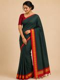 Premium Semi Gadwal Cotton Saree – Bottle Green with Contrast Red & Gold Zari Border