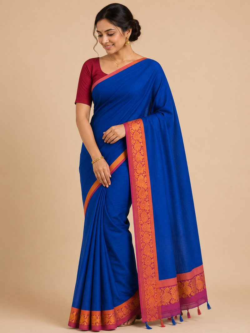 Premium Semi Gadwal Cotton Saree – Royal Blue with Contrast Pink & Gold Zari Border
