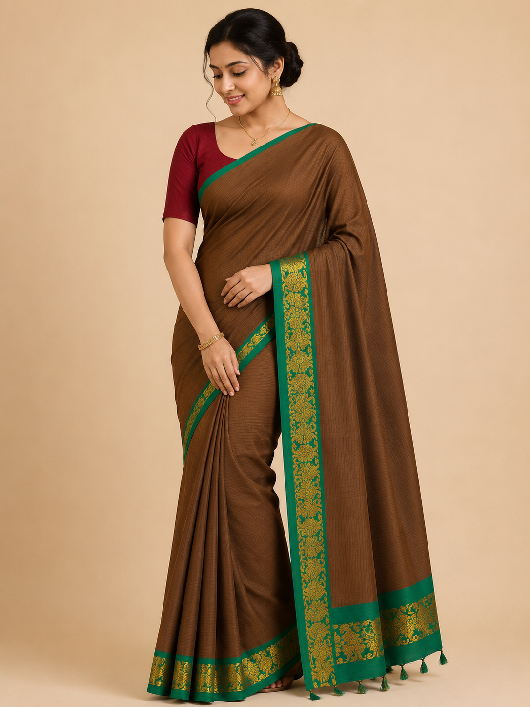 Premium Semi Gadwal Cotton Saree – Coffee Brown with Contrast Green & Gold Zari Border