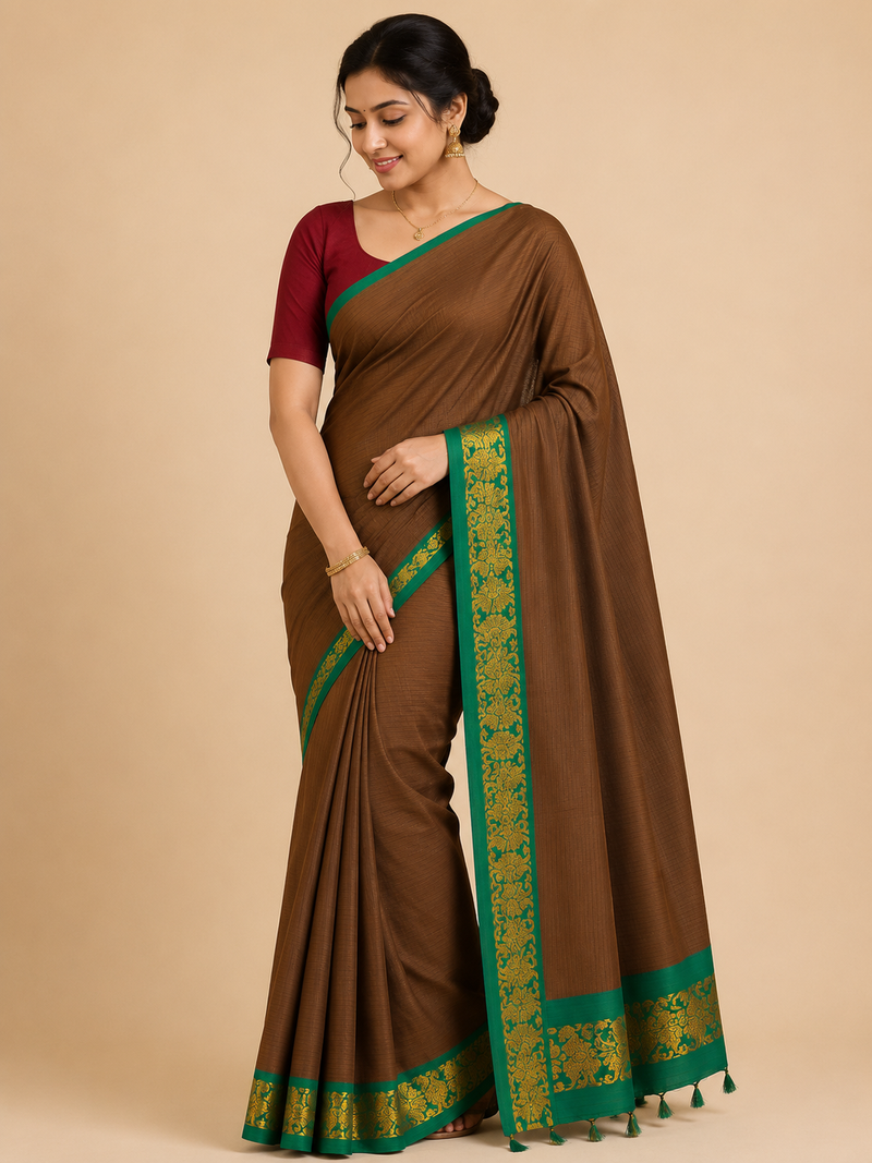 Premium Semi Gadwal Cotton Saree – Coffee Brown with Contrast Green & Gold Zari Border