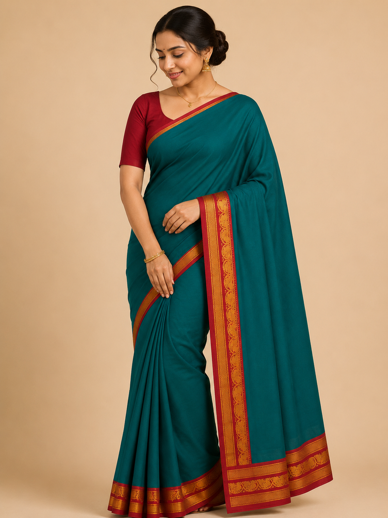 Premium Handloom Kanchi Cotton Saree – Peacock Green with Maroon & Gold Traditional Border