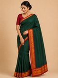 Premium Handloom Kanchi Cotton Saree – Deep Forest Green with Maroon & Gold Traditional Border