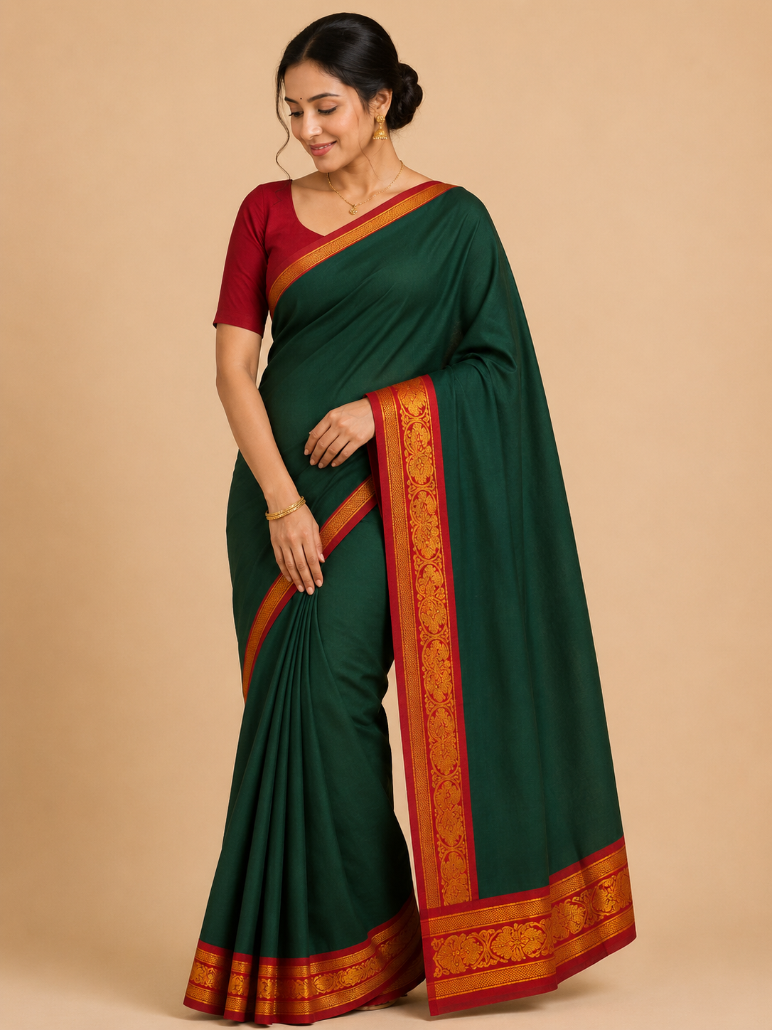 Premium Handloom Kanchi Cotton Saree – Deep Forest Green with Maroon & Gold Traditional Border