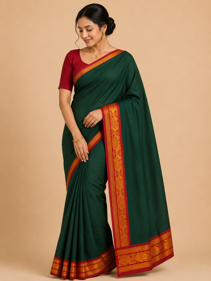 Premium Handloom Kanchi Cotton Saree – Deep Forest Green with Maroon & Gold Traditional Border