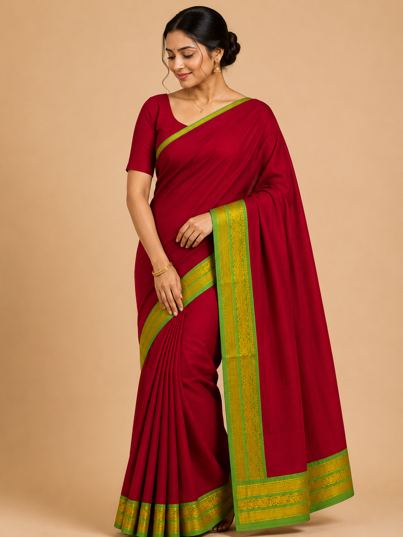 Premium Handloom Kanchi Cotton Saree – Ruby Red with Contrast Green & Gold Zari Border