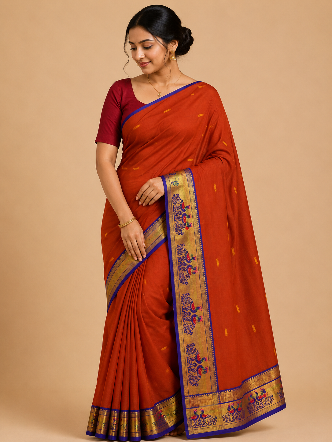 Premium Venkatagiri Cotton Saree – Rust Orange with Royal Blue Peacock Zari Border