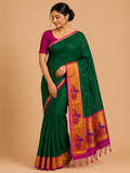 Premium Venkatagiri Cotton Saree – Emerald Green with Magenta Peacock Zari Border