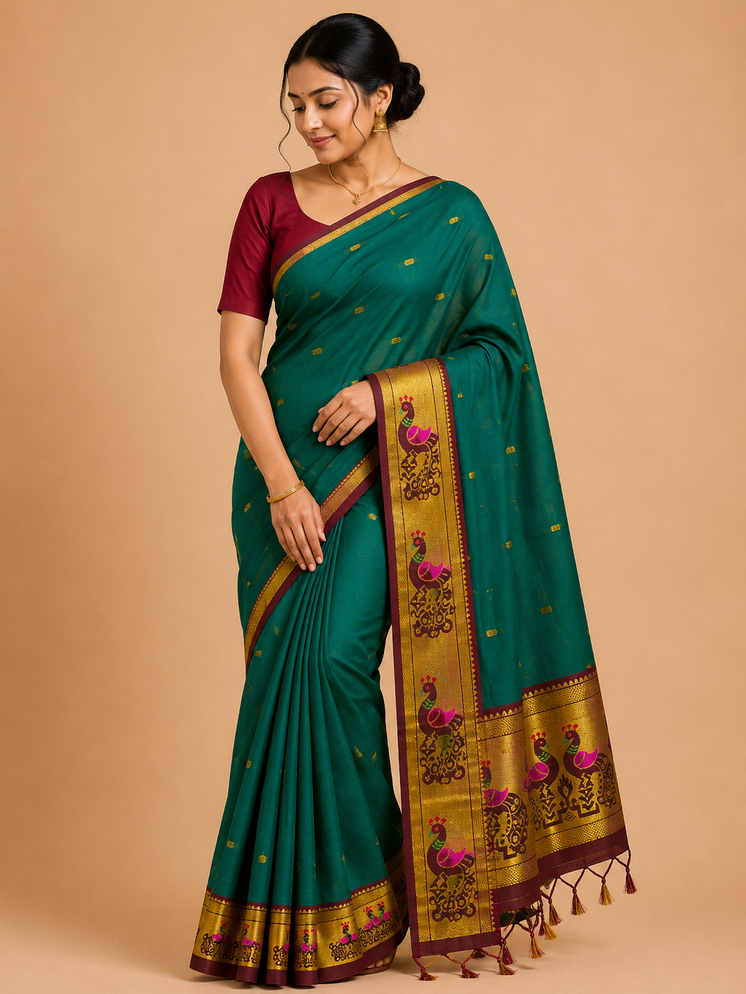Premium Venkatagiri Cotton Saree – Teal Green with Maroon Peacock Zari Border