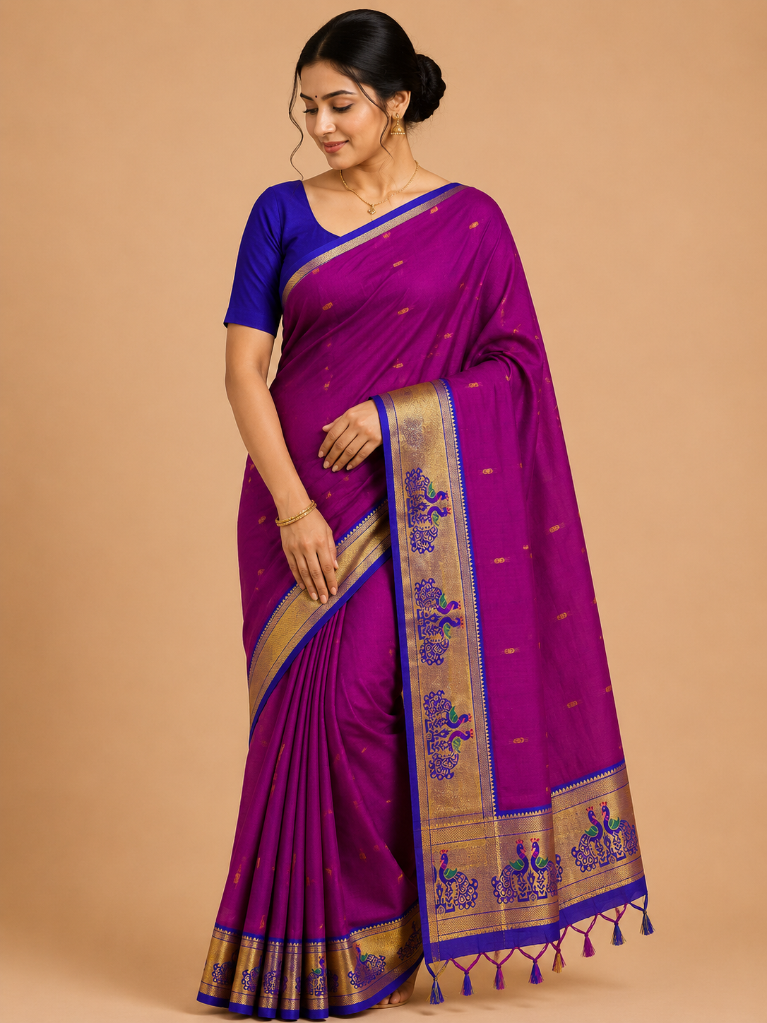 Premium Venkatagiri Cotton Saree – Rani Pink with Royal Blue Peacock Zari Border