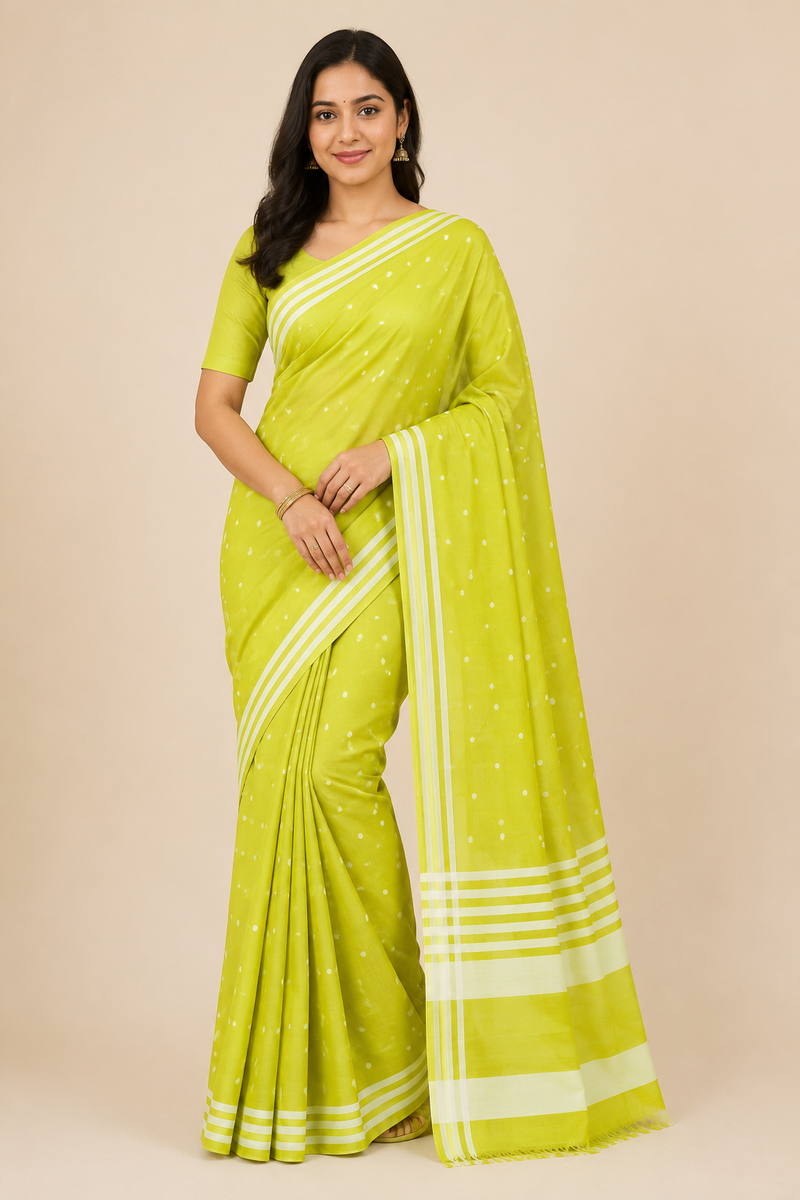 Premium Venkatagiri Handloom cotton Lime Green Polka Dot Saree