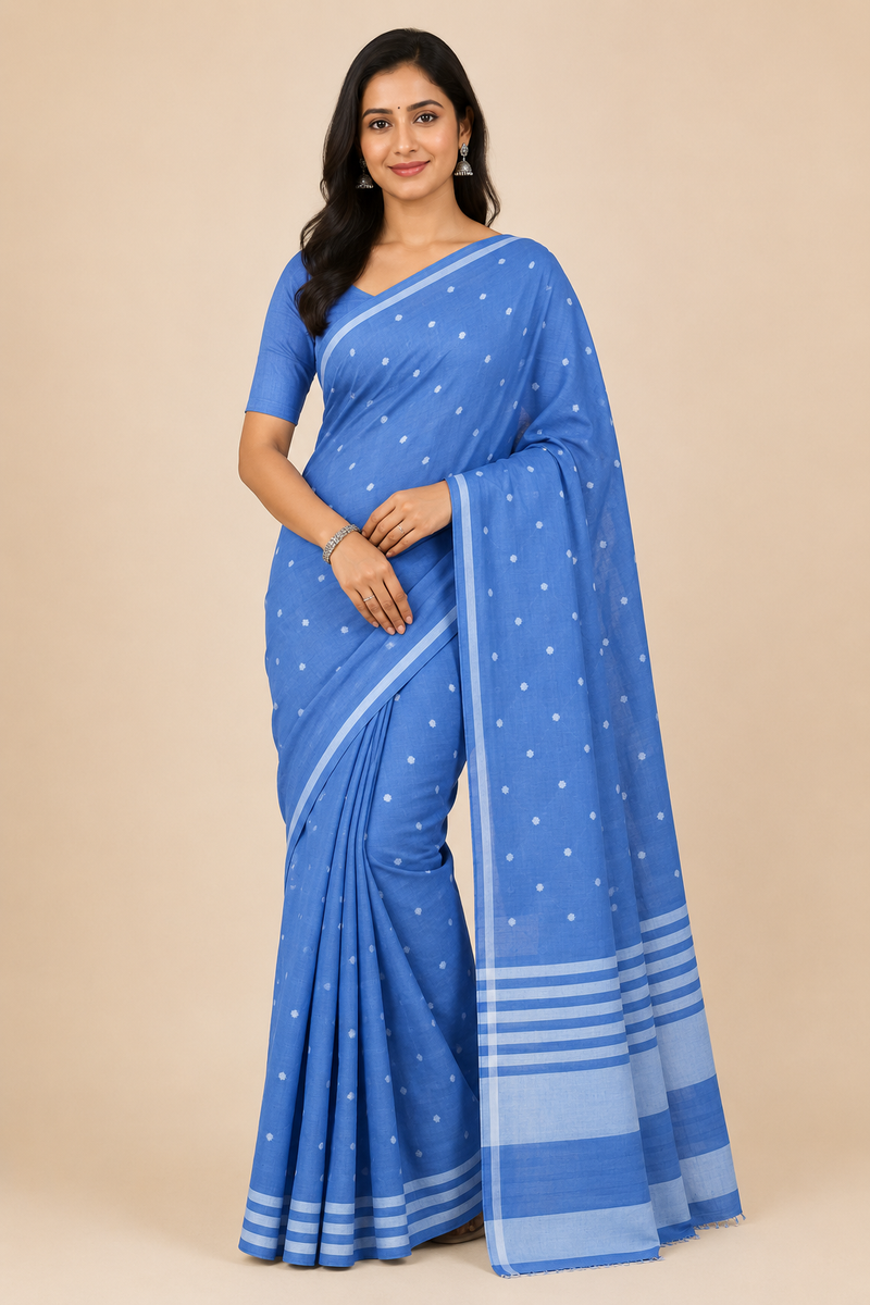 premium Venkatagiri Handloom Sky Blue Polka Dot Cotton Saree