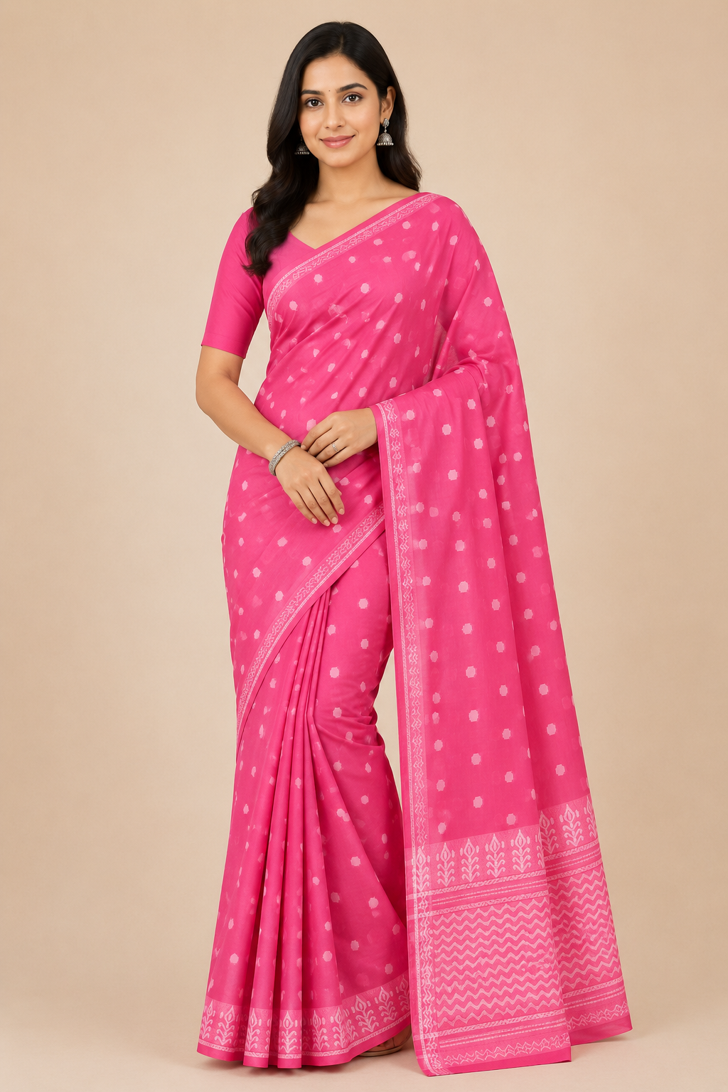 Premium Venkatagiri Handloom Bright Pink Polka Dot Cotton Saree
