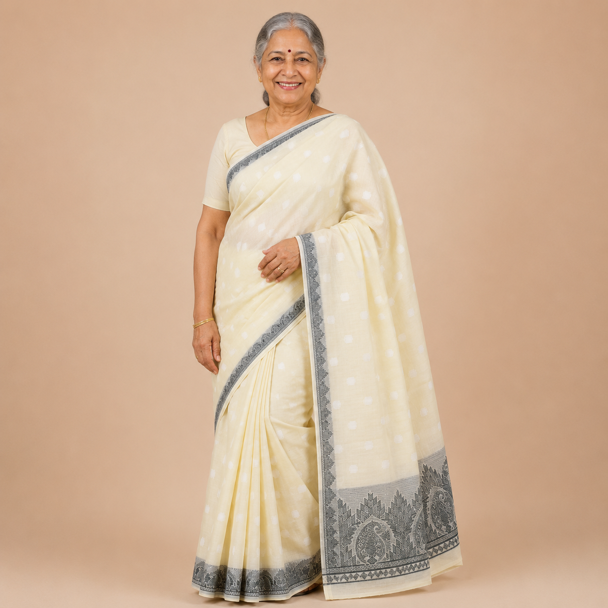 Premium Venkatagiri Handloom Off White Cotton Saree with Grey Traditional Border