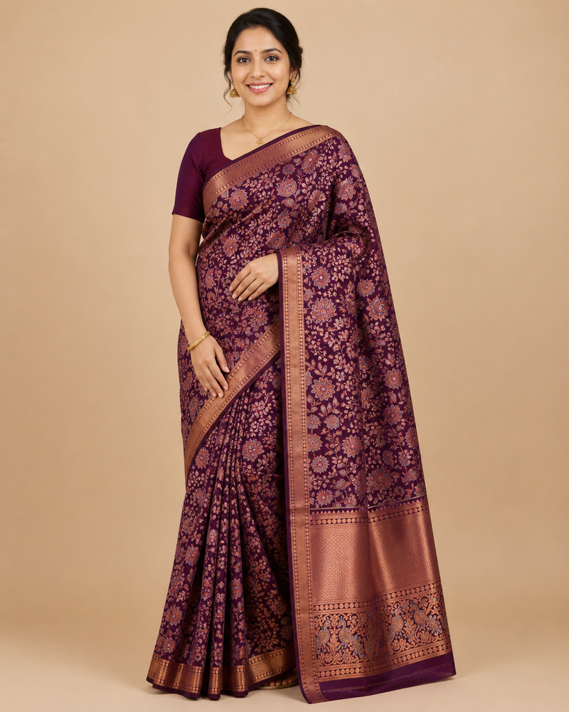 Premium Original Kanchi Pattu Saree -  Deep Wine Purple with Floral Zari Brocade