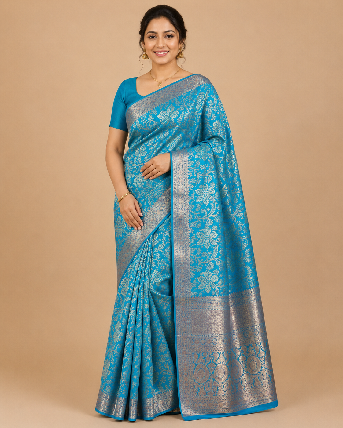 Premium Original Kanchi Pattu Saree - Sky Blue Silver Zari Floral Silk Saree