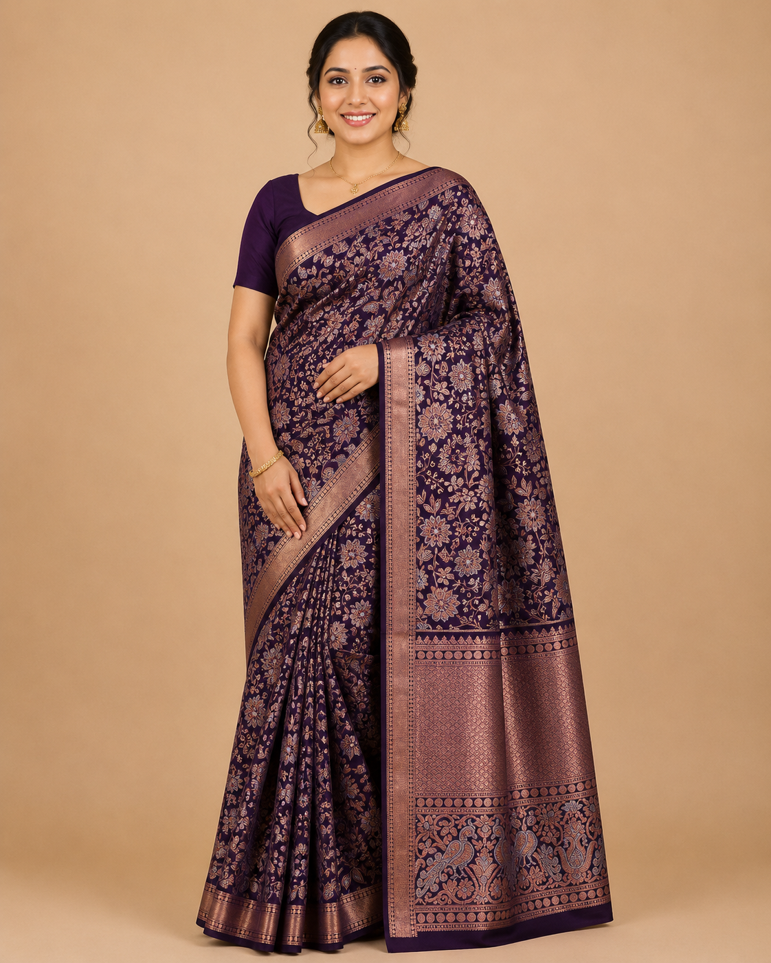 Premium Original Kanchi Pattu Saree -  Deep Purple Floral Zari Silk Saree with Rich Copper Border