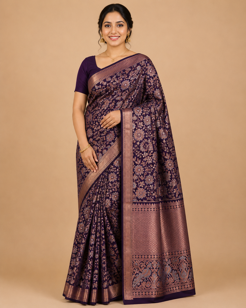 Premium Original Kanchi Pattu Saree -  Deep Purple Floral Zari Silk Saree with Rich Copper Border