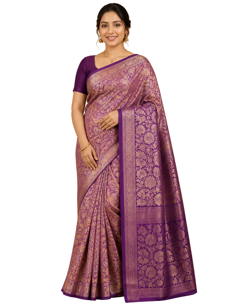Premium Original Kanchi Pattu Saree -  Royal Purple Gold Zari Floral Silk Saree