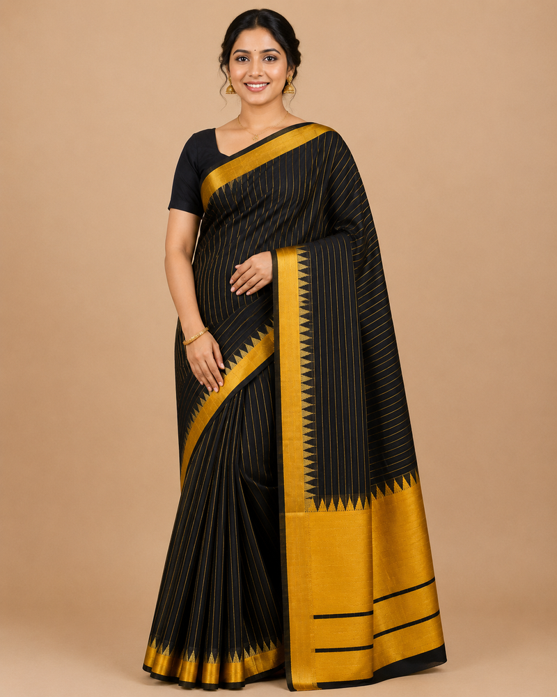 Premium Mangalagiri Pure Cotton Black Saree with Mustard Yellow Border
