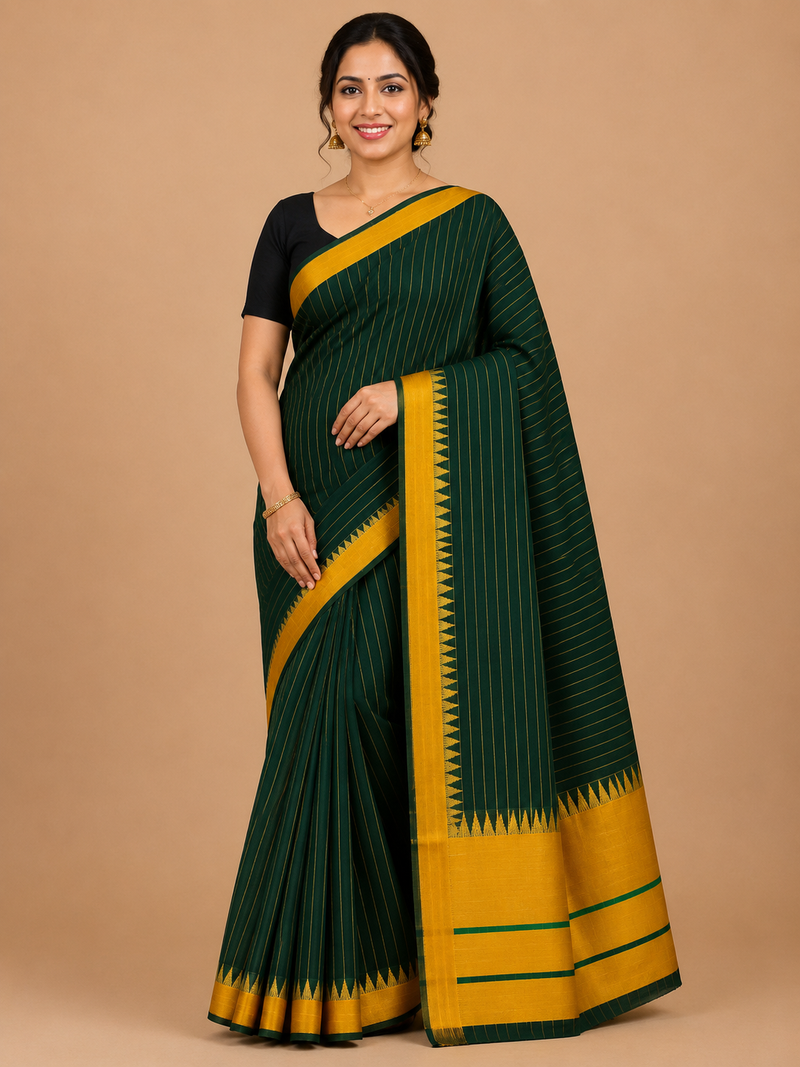 Premium Mangalagiri Pure Cotton Bottle Green Saree with Mustard Yellow Border