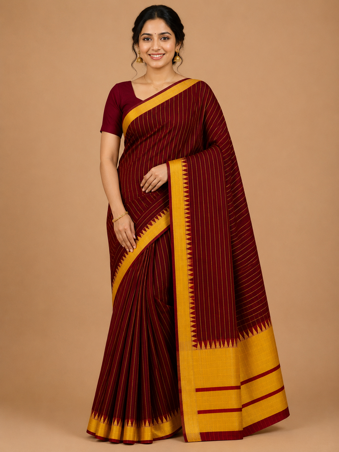 Premium Mangalagiri Pure Cotton Maroon Saree with Golden Yellow Border