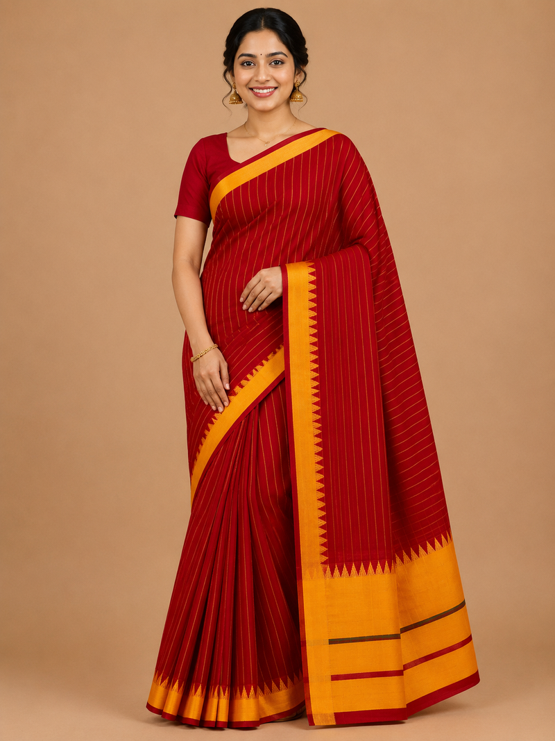 Premium Mangalagiri Pure Cotton Bright Red Saree with Golden Yellow Border