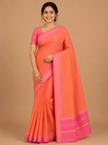 Premium Mangalagiri Pure Cotton Peach Saree with Pink Contrast Border